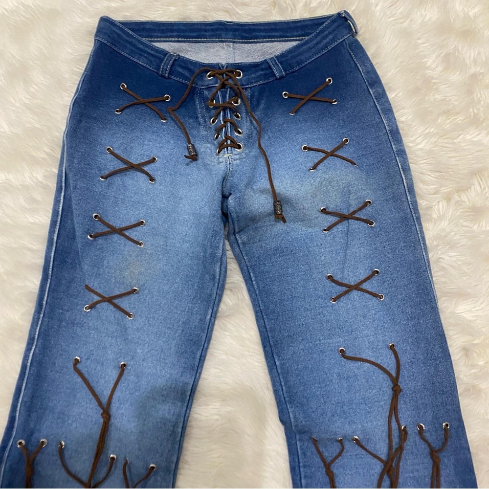 Y2K 2000s Brazilian Lace Up Stretch Flare Jeans | Sz 38 - Picture 2 of 8
